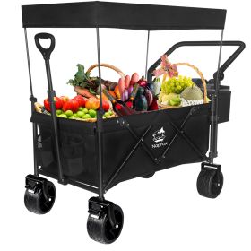 Collapsible Wagon 140L Wagons Carts Foldable With Removable Canopy, Folding Wagon Cart With Wheels For All-Terrain With Brake, Foldable Wagon Wit (Color: Black)